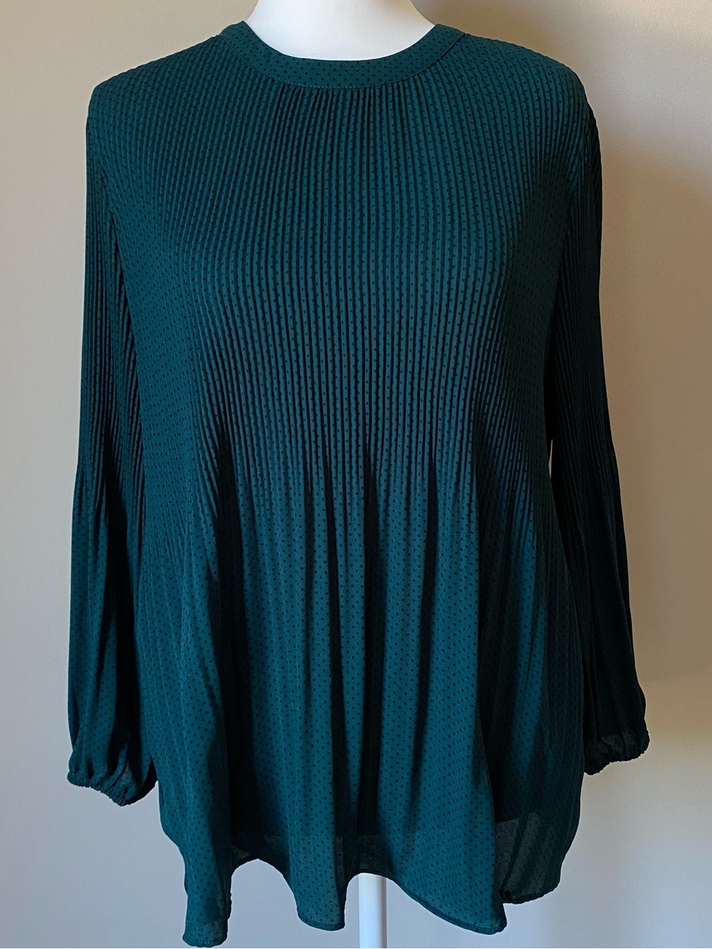 Adrianna Papell Pleated Plisse Polka Dot Blouse S Teal Green Balloon Sleeve